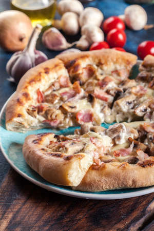 Pizza Bianca with bacon and mushrooms. Italian dishの写真素材