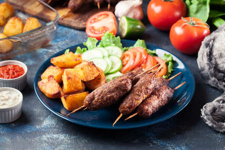 Grilled shish kebab served with fried potatoes and vegetable saladの写真素材