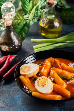 Spicy tteokbokki, korean rice cake with boiled egg. Koreann dishの写真素材