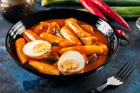 Spicy tteokbokki, korean rice cake with boiled egg. Koreann dishの写真素材