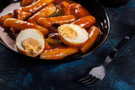 Spicy tteokbokki, korean rice cake with boiled egg. Koreann dishの写真素材