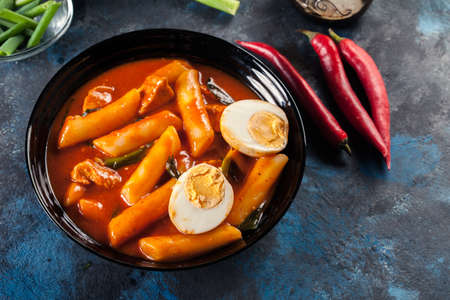 Spicy tteokbokki, korean rice cake with boiled egg. Koreann dishの写真素材