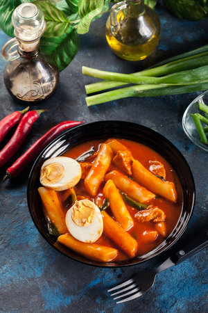 Spicy tteokbokki, korean rice cake with boiled egg. Koreann dishの写真素材
