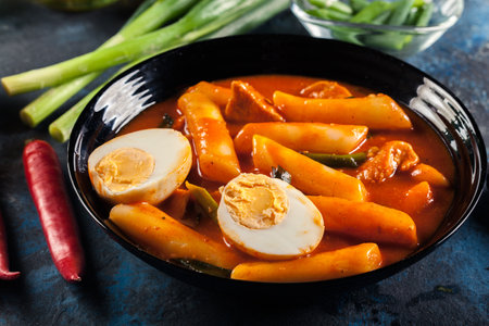 Spicy tteokbokki, korean rice cake with boiled egg. Koreann dishの写真素材
