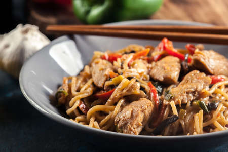Chicken chow mein. Popular fried noodles with chicken and vegetablesの写真素材