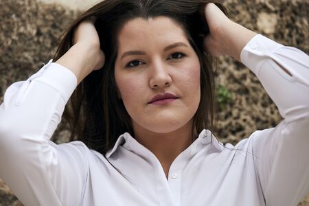 portrait photography pretty woman with white shirtの写真素材