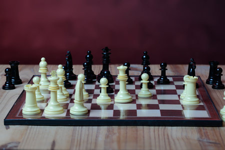 Chess game being played with white pieces in the foreground and black pieces in the background