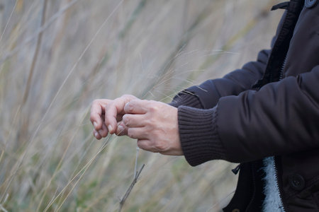Person's hands gently touching dry grass in a natural field, feeling connection with natureの写真素材
