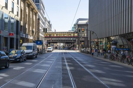 Berlin, Germany, May 7, 2018,People,city train and cars in the Berlin Friedrichstrasseのeditorial素材