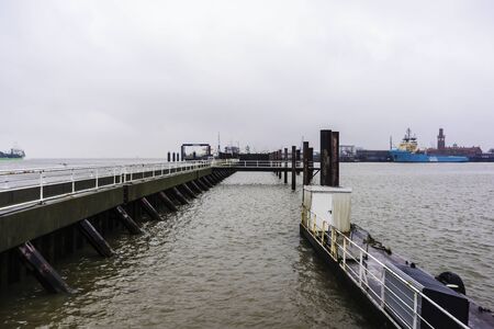Cuxhaven , Germany , February  7 , 2019 , Moorings in the port of Cuxhavenのeditorial素材