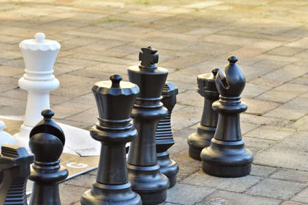 Giant chess pieces in the open air. Duel.