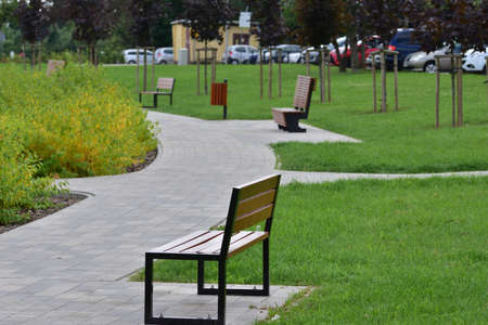 Park bench by a pedestrian path on a cloudy day. Rest.の写真素材