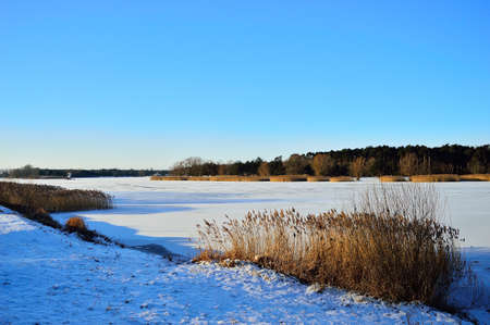 A frozen lake covered with snow on a frosty winter day. Winter.の写真素材