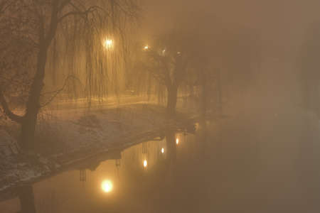 Fog in the city in the evening illuminated by street lamps. Night.の写真素材