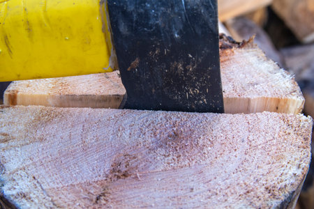 An ax and a stump while chopping firewood on a clear day.の写真素材