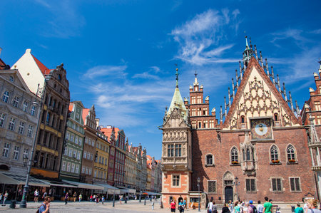 Historic tenement houses in Wroclaw's Old Town on a sunny day.の写真素材