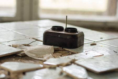 Old, dilapidated tables and coffee tables in an abandoned building.の写真素材