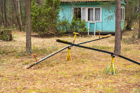 An old, dilapidated children's swing in an abandoned and forgotten holiday resort in the forest. Urbex.の写真素材