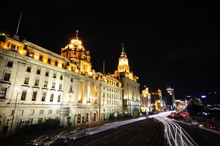 Busy streets of Shanghai (the bund) at nightの写真素材
