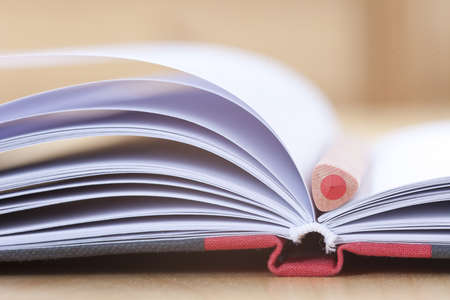 red pencil lying on a blank notebookの写真素材