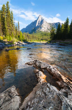 Wilderness backcountry, river flowing towards mountain, Kananaskis Country close to Spray Lakes,...