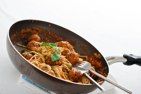 Original Italian spaghetti with meatballs in tomato sauceの写真素材