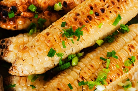 Barbecued corn cobs with herbs on a white plate and a wooden table