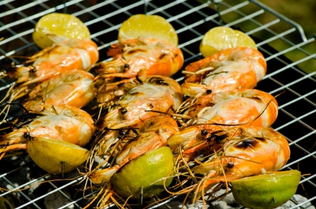 shrimps on barbecue with a garden in the backgroundの写真素材