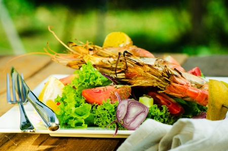 Fresh grilled shrimps on a plate with vegetable and a garden as backgroundの写真素材