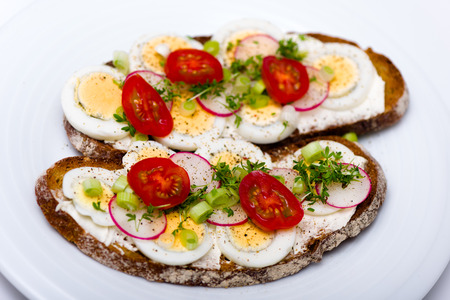 Healthy snack - wholemeal bread with egg tomatos and fresh cress and radishesの写真素材