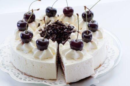 white black forest cake on white background