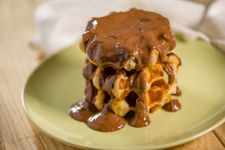 Homemade waffles with chocolateの写真素材