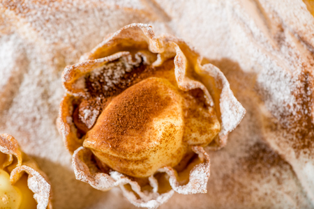 A small Christmas tart filled with vanilla or lemon cream powdered with icing sugar and cinnamonの写真素材