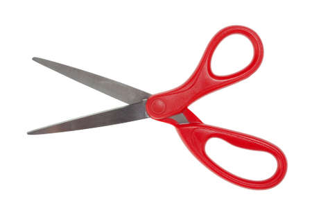 Red handled scissors isolated on whiteの写真素材