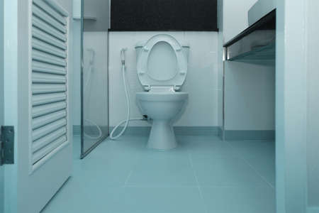 White toilet bowl in a bathroomの写真素材