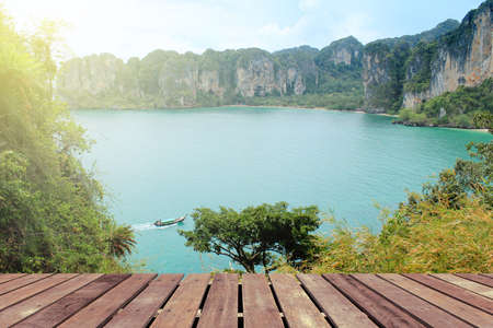 Tropical beach with wooden floorの写真素材