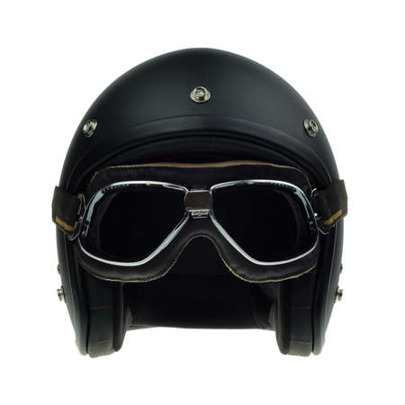 Black motorbike classic helmet and gogglesの写真素材