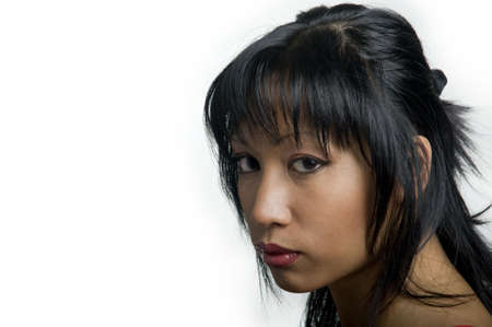 portrait of a young pretty asian woman with red lipsの写真素材