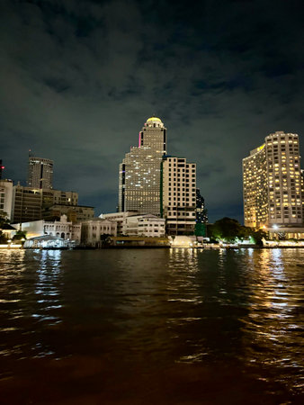 Night view of the Chao Phraya River in Bangkok, Thailand.の写真素材