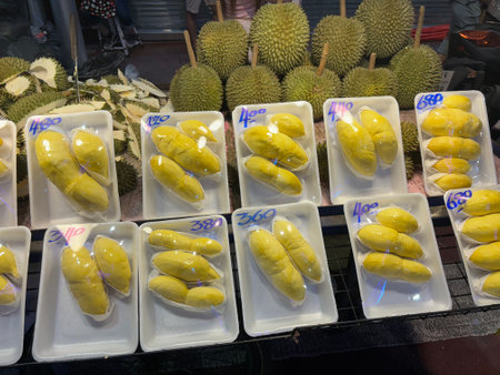 Durian fruit at street market in Bangkok, Thailand. Durian is the king of fruits.の写真素材