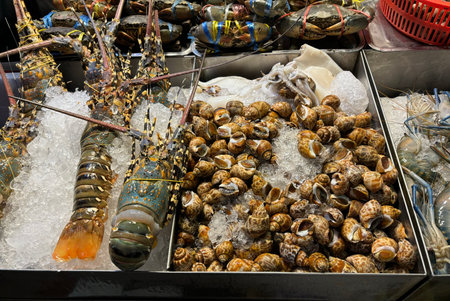 Lobster on ice for sale at a seafood market in Istanbul, Turkeyの写真素材