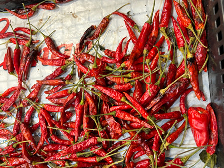 Red hot chili peppers for sale at a local market in India.の写真素材