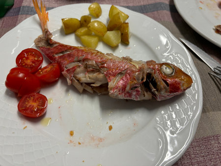 Fried fish on a plate with potatoes and tomatoes on a tablecloth