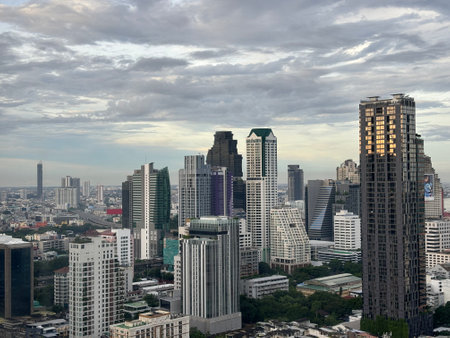 Bangkok cityscape with skyscrapers at sunset, Thailand.