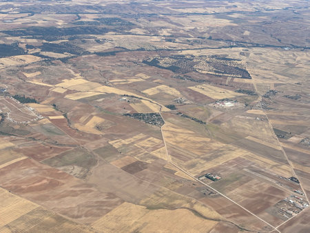 Aerial view of rural area in California, USA during flight.