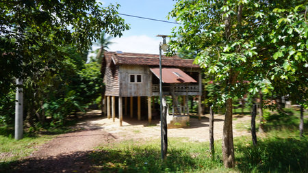 Wooden house in the countryside of Sri Lanka. Selective focus.の写真素材