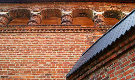 Red brick gallery in old stoneの写真素材
