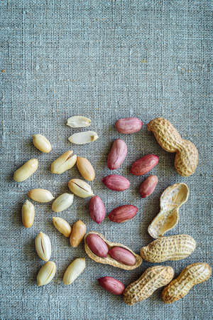 Whole and peeled peanuts lies on a gray canvas background