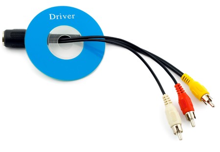 RCA cables and software disc, isolated on white background.