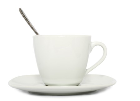 cup coffee mug tea on saucer with spoon isolated over white backgroundの写真素材